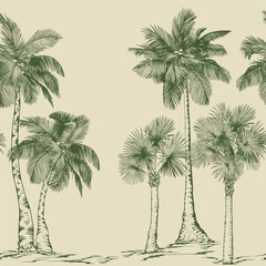 Seamless pattern with palm trees and tropical plants. Toile de Jouy style. Hand drawn vector illustration.