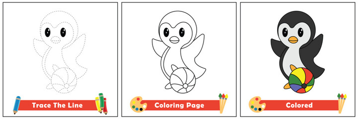 trace and color for kids, coloring book for kids, pinguin kawaii vector.