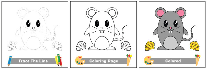 trace and color for kids, coloring book for kids, mouse kawaii vector.