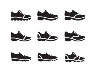 a collection of black and white shoe icons, demonstrating different styles of footwear.