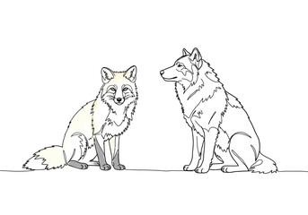 Fox and wolf drawing. It is a black and white outline illustration featuring a fox and a wolf sitting together, showcasing a detailed line art sketch. Vector sketch line art draw.
