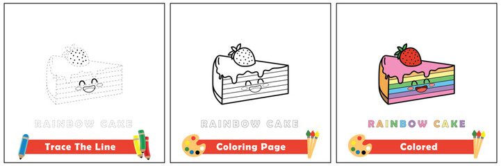 trace and color for kids, coloring book for kids, rainbow cake kawaii vector.
