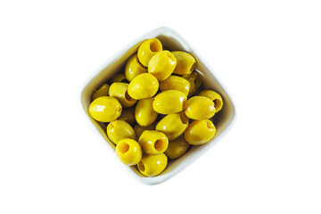 Ripe green olives in a white bowl  on white background.