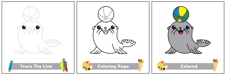 trace and color for kids, coloring book for kids, sea lion kawaii vector.