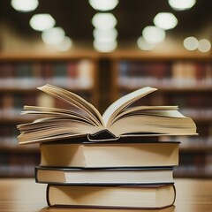 Fototapeta premium Photo of an Open Book on Stack of Books in a Library with Blurred Shelves in Background