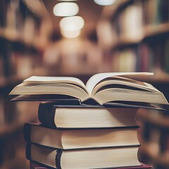 Fototapeta premium Photo of an Open Book on Stack of Books in a Library with Blurred Shelves in Background