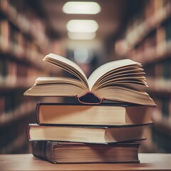 Fototapeta premium Photo of an Open Book on Stack of Books in a Library with Blurred Shelves in Background