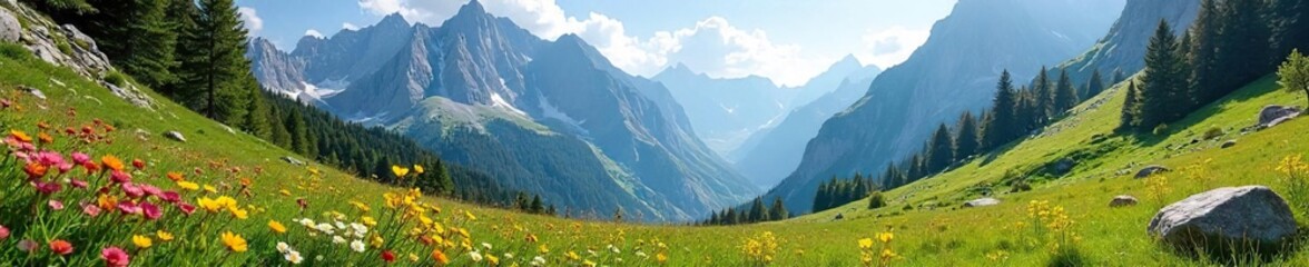 Fototapeta premium Serene alpine meadow nestled amongst towering rocky peaks, wildflowers in bloom, sunlight dappling through the grass Breathtaking vista of mountain scenery , panoramic, botany