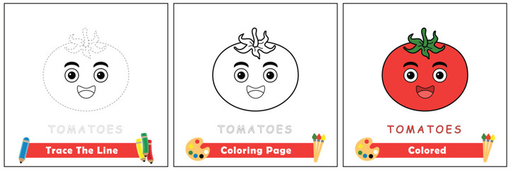 trace and color for kids, coloring book for kids, tomato kawaii vector.
