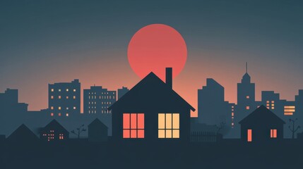 Obraz premium Cityscape at Dusk: A stylized cityscape silhouette at dusk, featuring a large, vibrant red sun setting behind a collection of buildings, including a prominent house with illuminated windows.