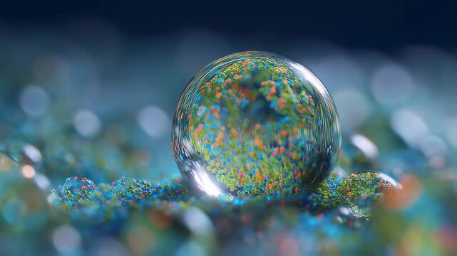 Colorful microorganisms flourish within a transparent bead, showcasing their vibrant activity in an encapsulated environment, providing a captivating glimpse into the microscopic world