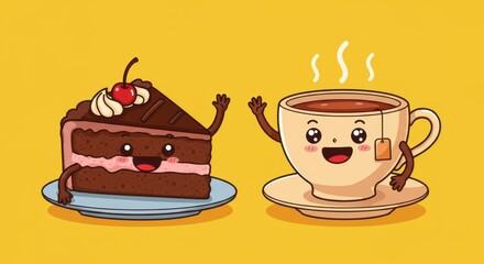 Happy Cake and Tea: A Delightful Cartoon Illustration