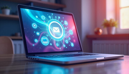 Digital Communication Concept with Laptop and Communication Icons for Technology Blogs, Business Websites, Social Media Graphics, and Modern Marketing