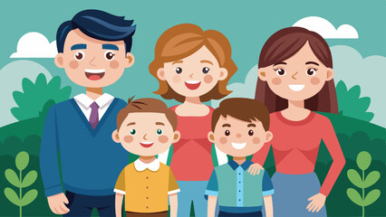 Cartoon Vector Illustration of Happy Family of Five Smiling, Standing Outdoors
