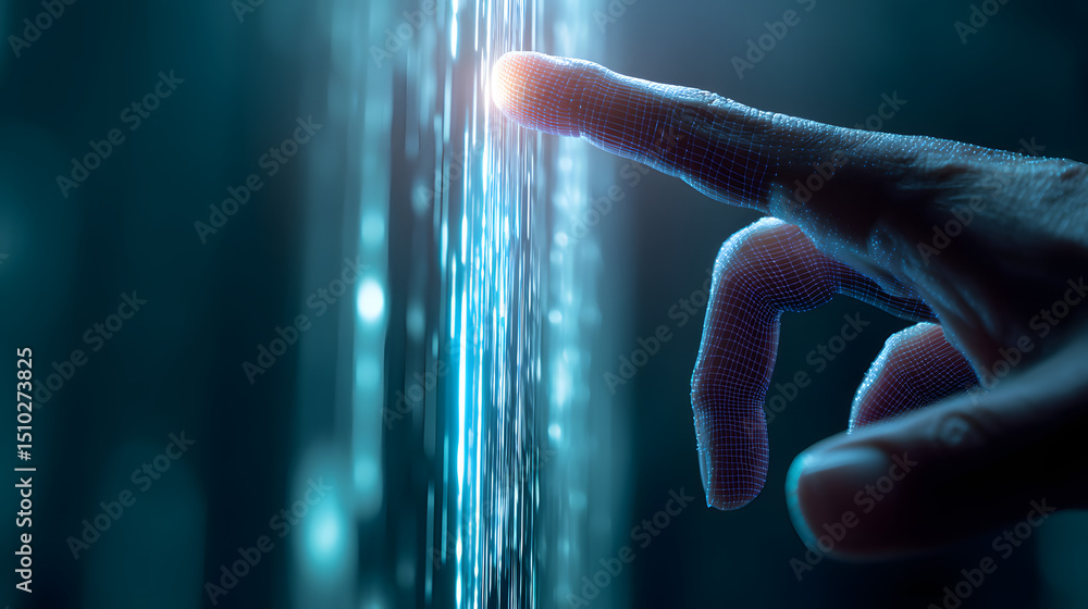 Poster touch of tomorrow: a hand interacts with a glowing digital interface, symbolizing the future of tech