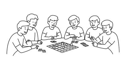 Group of Six Young Men Playing Board Game in Casual Setting
