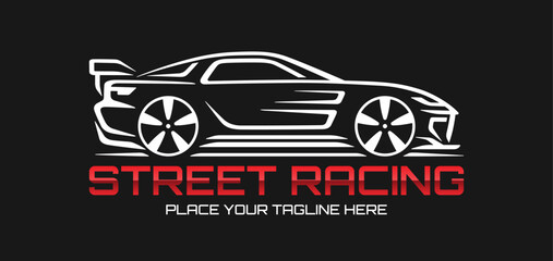 Fototapeta premium Modern vector car logo for car service. Sleek sports car silhouette on black background. Editable and scalable vector graphics.