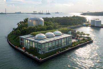 Fototapeta premium Modern industrial building with glass domes surrounded by water and greenery, reflecting sunlight on calm waterfront with distant structures and ships