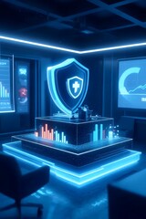 Cybersecurity Fortress: Envision a high-tech cybersecurity control room, bathed in an ethereal blue glow, where data security and protection are paramount, symbolized by an illuminated shield
