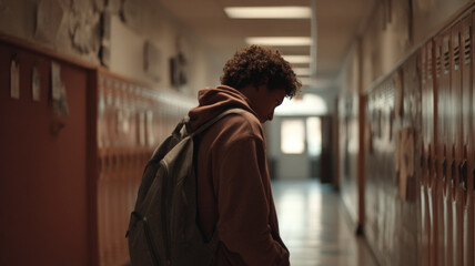 Teen boy standing alone in dark school corridor with backpack, feeling stress, loneliness, and emotional pressure.