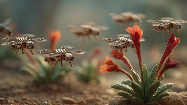 Advanced robotic drones, designed as artificial pollinators, hover precisely over saffron plants, showcasing a seamless blend of nature and technology in a vibrant agricultural setting