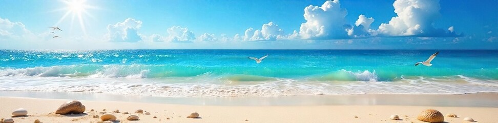 Fototapeta premium Sun-drenched beach scene, vibrant blue ocean waves gently lapping the shore, shells scattered on the sand, seagulls soaring overhead, pure summer bliss , ocean, peace, sunlight
