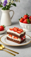 Delicious Chocolate Strawberry Cake Slices, Fresh Cream, and Berries