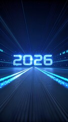 Bright blue 2026 glowing digits with speed light trails and digital futuristic landscape, representing high-tech progress and forward-looking innovation in modern era