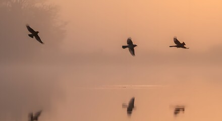 Fototapeta premium Silhouetted Birds Flying Over Calm Misty Lake at Sunrise