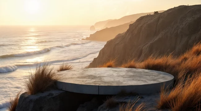 Rugged Seaside Landscape Featuring Concrete Podium and Sunset Glow
