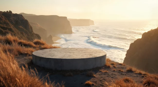 Coastal Concrete Platform with Dry Grass and Crashing Waves