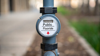 Fototapeta premium Public Water Fluoride Monitoring Meter on Urban Pipe Near Sidewalk and Vegetation