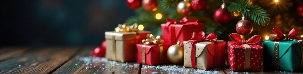 Assorted wrapped gifts under a glittering tree , Christmas tree, happy