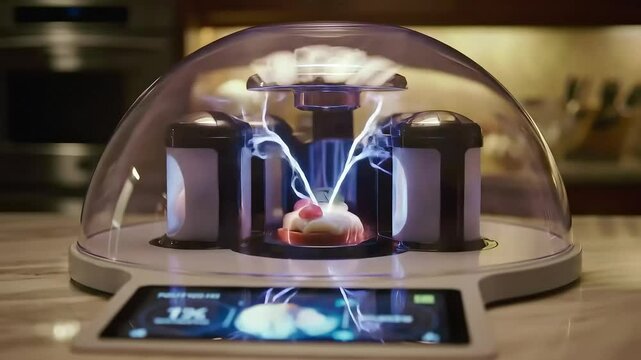 Futuristic food replicator using plasma jets and nutrient cartridges to create meals instantly. Sleek dome design with glowing interface in a modern kitchen.
