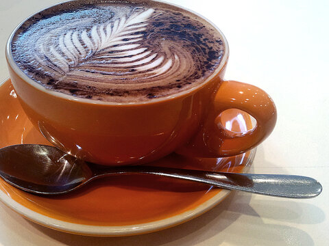 Milk froth art on a cappuccino in an orange cup.