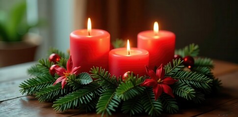 Elegant evergreen wreath, four candles, festive floral decor, table decor, rustic, sparkle