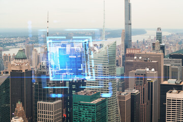 Manhattan cityscape with a hologram interface overlay, blending technology and urban scenery. Double exposure