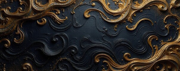 Intricate black & gold texture, swirling metallic details, flow, design
