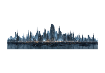 Futuristic cityscape skyline night reflection digital art, On Transparent Background