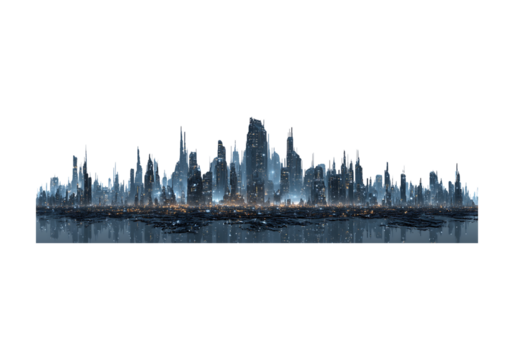 Futuristic cityscape skyline night reflection digital art, On Transparent Background