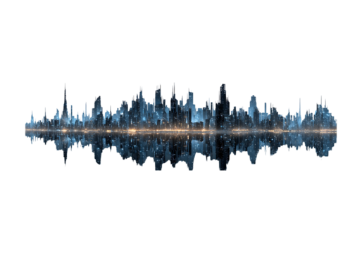 Futuristic cityscape skyline reflection digital art, On Transparent Background - Powered by Adobe