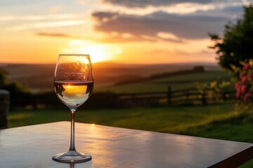 Romantic sunset view with wine outdoors