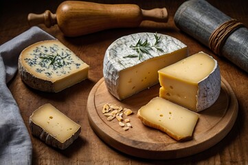 Assorted cheeses arranged on wooden board with rolling pin and cloth  