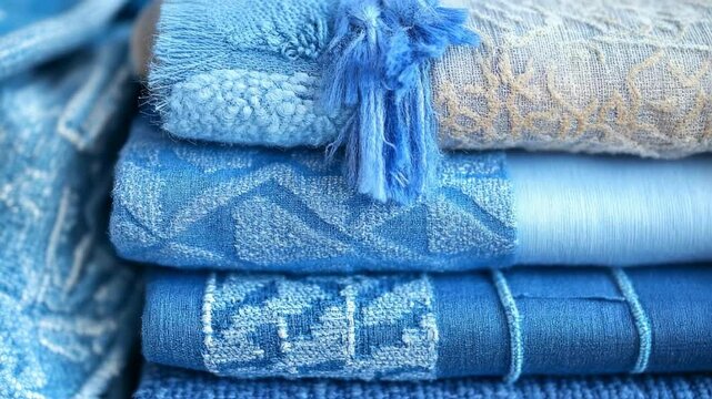 Stack of Blue Textured Fabrics and Textiles