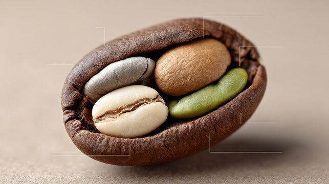 Coffee beans exploded view with origin markers for educational analysis and design