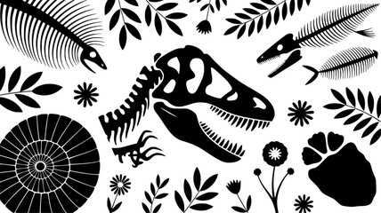 A simple, impactful graphic showcasing various prehistoric fossils including a spiral ammonite shell, dinosaur skull, fish skeleton, and animal footprints, ideal for educational materials, nature-them © SWEET