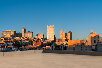 Fototapeta premium Skyscrapers Cityscape Downtown, San Francisco Skyline Buildings. Beautiful Real Estate. Sunset. Empty rooftop View. Success concept.