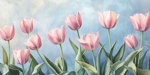 Obraz premium Pink Tulips' Serenity: A close-up of a soft-focus image of delicate pink tulips against a subtle, sky-blue background, suggesting a sense of peace and natural beauty.