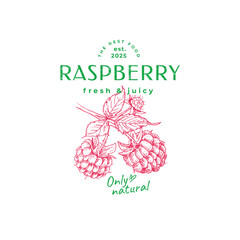 Logo design over hand drawn raspberry branch. Vector illustration in vintage style.