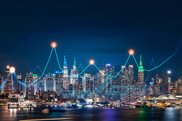 Skyscrapers Cityscape Downtown View, New York Skyline Buildings. Beautiful Real Estate. Night time. Forex Financial graph and chart hologram. Business education concept.